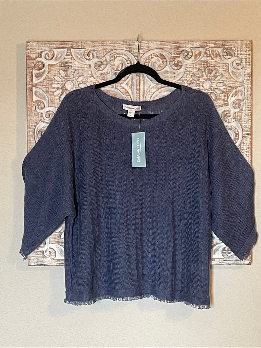 Coldwater Creek Indigo Scoop Neck Fringed Hem Sweater
